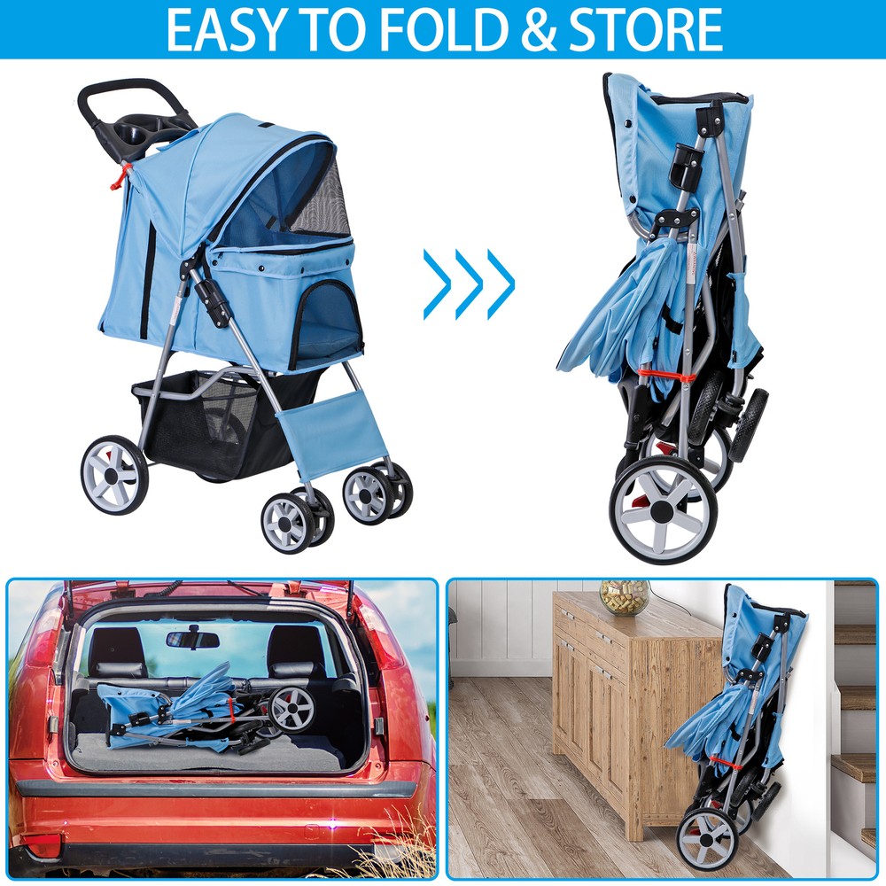 39" Easy Folding Pet Stroller Elegant Ideal Park Walks & Store Visits, Blue