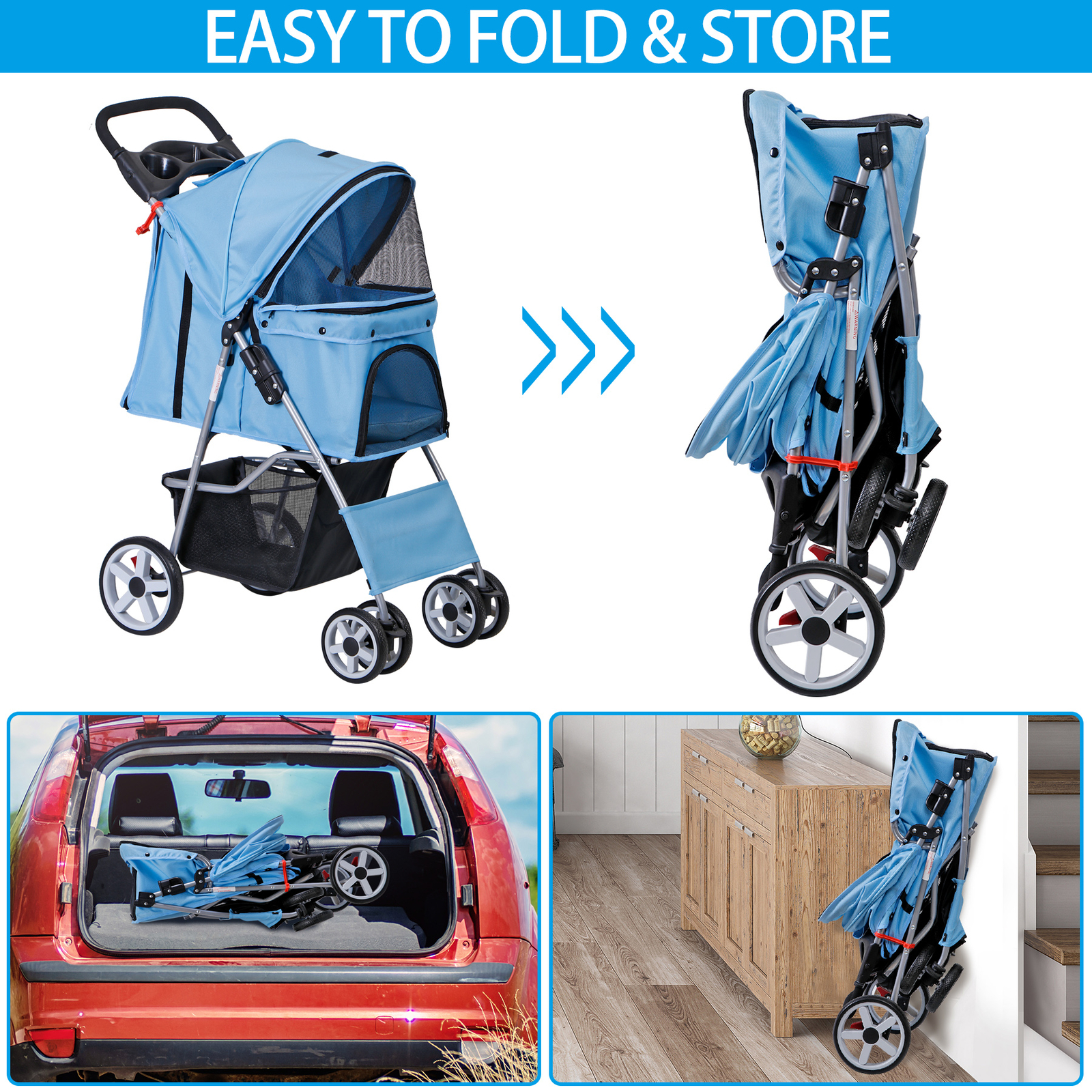 Dog Cat Stroller Travel Cart for Small Medium Pets Foldable with Cup Holder Blue