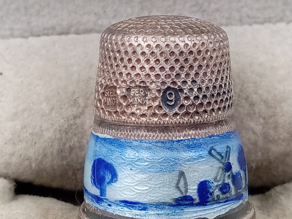 Germany Sterling Silver Pre WW2 Enamel Windmill Scene Thimble