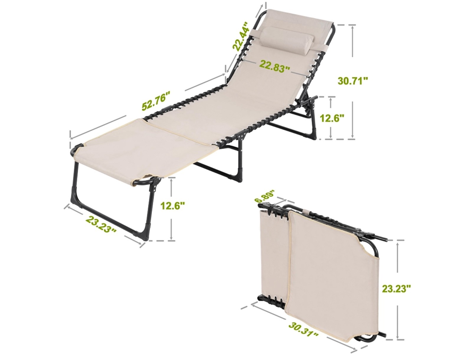 Nuu Garden Foldable Outdoor Chaise Lounge Chair Adjustable Patio Recliner Beige