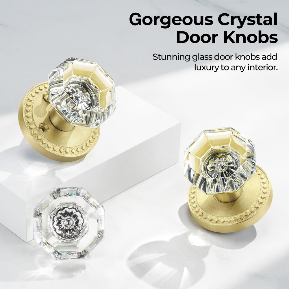 Glass Door Knobs with Lock, Gold Satin Brass Crystal Door Knobs Interior for ...