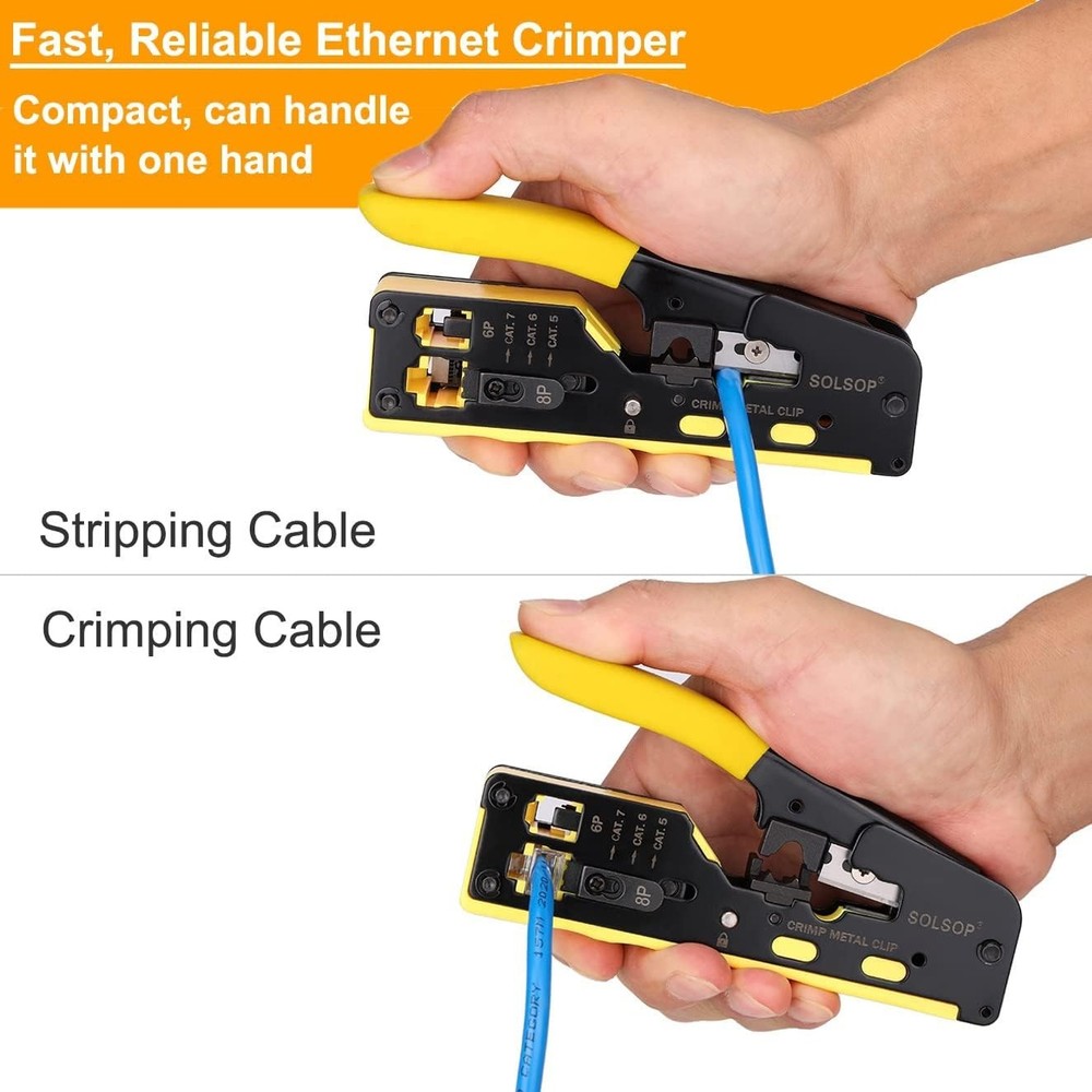 Versatile Pass Through Crimp Tool and Tester Bundle with 50 Pack RJ45 Connectors