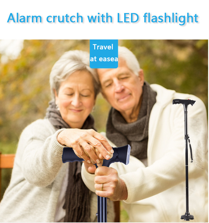 Folding Adjustable Walking Stick Cane with LED Torch & Alarm button Strap Handle