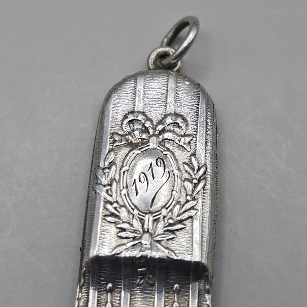 Antique Solid Silver Repousse Whistle Pendant Monogram Floral Design
