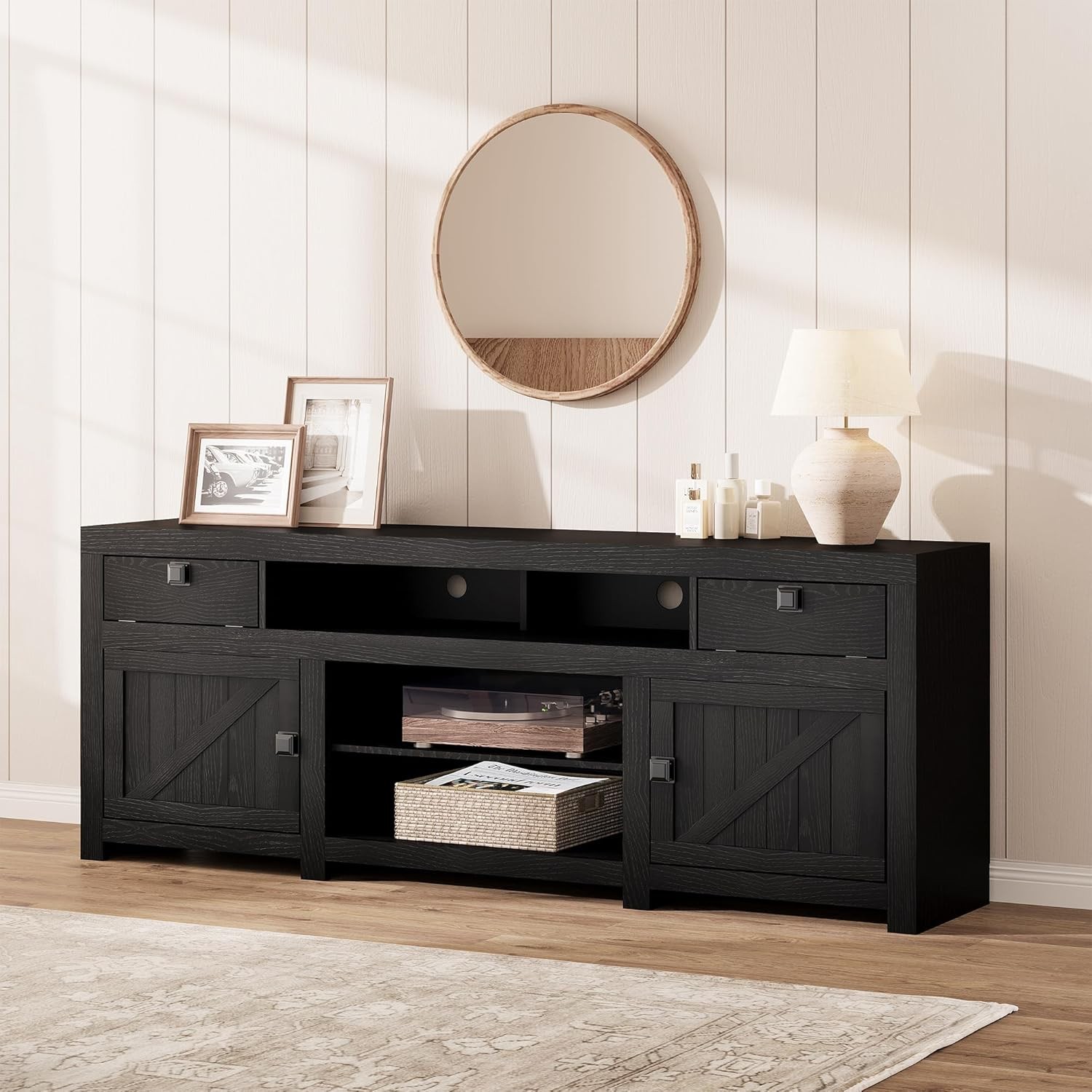 Farmhouse TV Stand for 80 in TVs, 70" Wide Entertainment Center with 4 Drawers