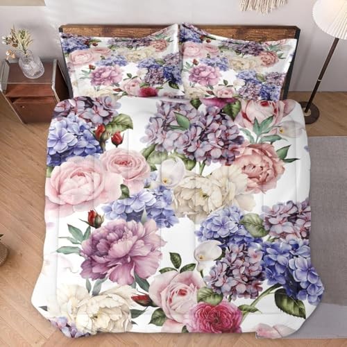 Size Comforter Set with 2 Pillowcases, Hydrangea Flower Painting Full Multi 2
