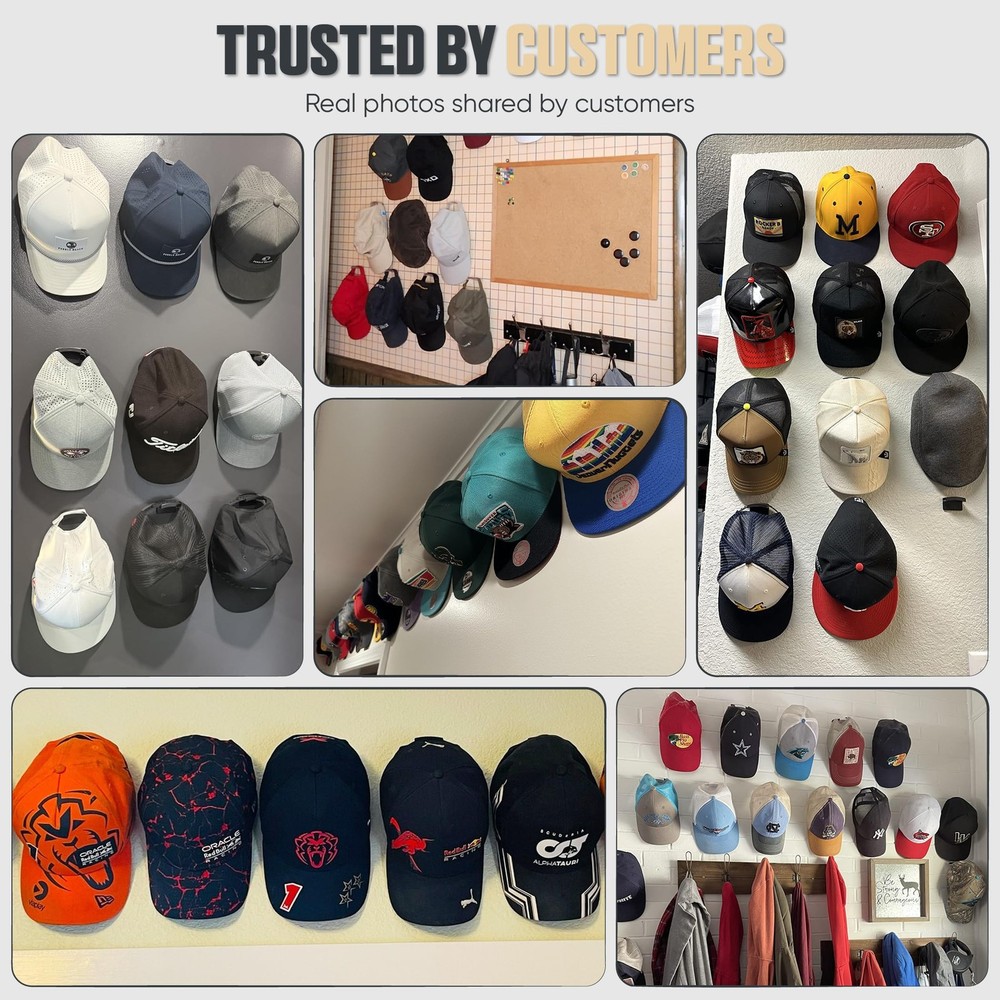 Adhesive Hat Hooks for Wall (16-Pack) - Minimalist Hat Rack Design, No Drilli...