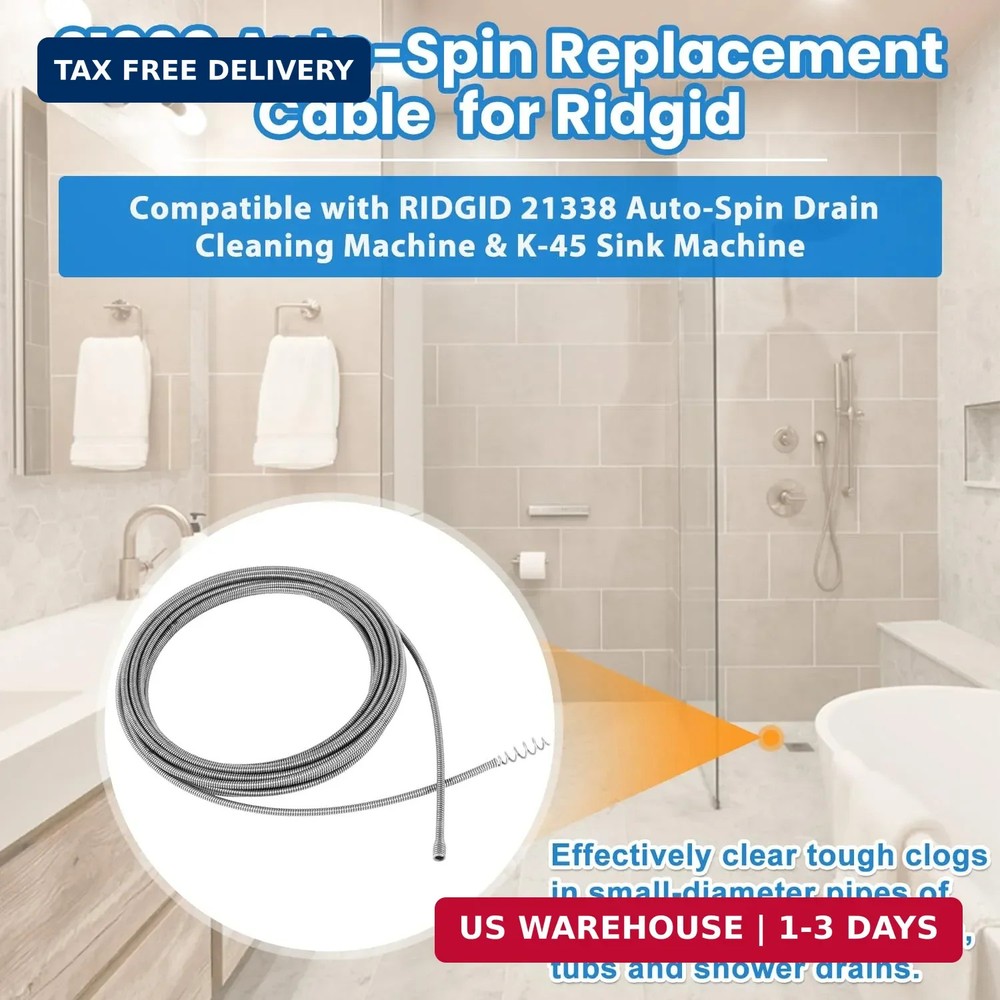21338 Auto-Spin Replacement Cable for Ridgid - 1/4" x 30' Drain Snake Cable Comp