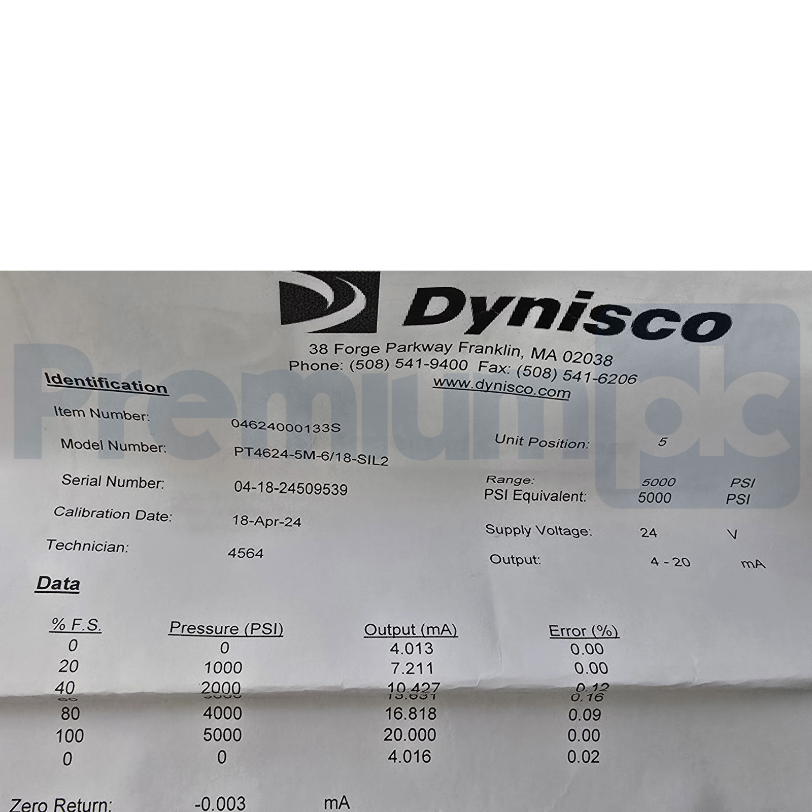 Dynisco PT4624-5M-6/18-SIL2 PT46X4 Pressure Sensor w/SIL2 0-5000psi 4-20mA NSMP