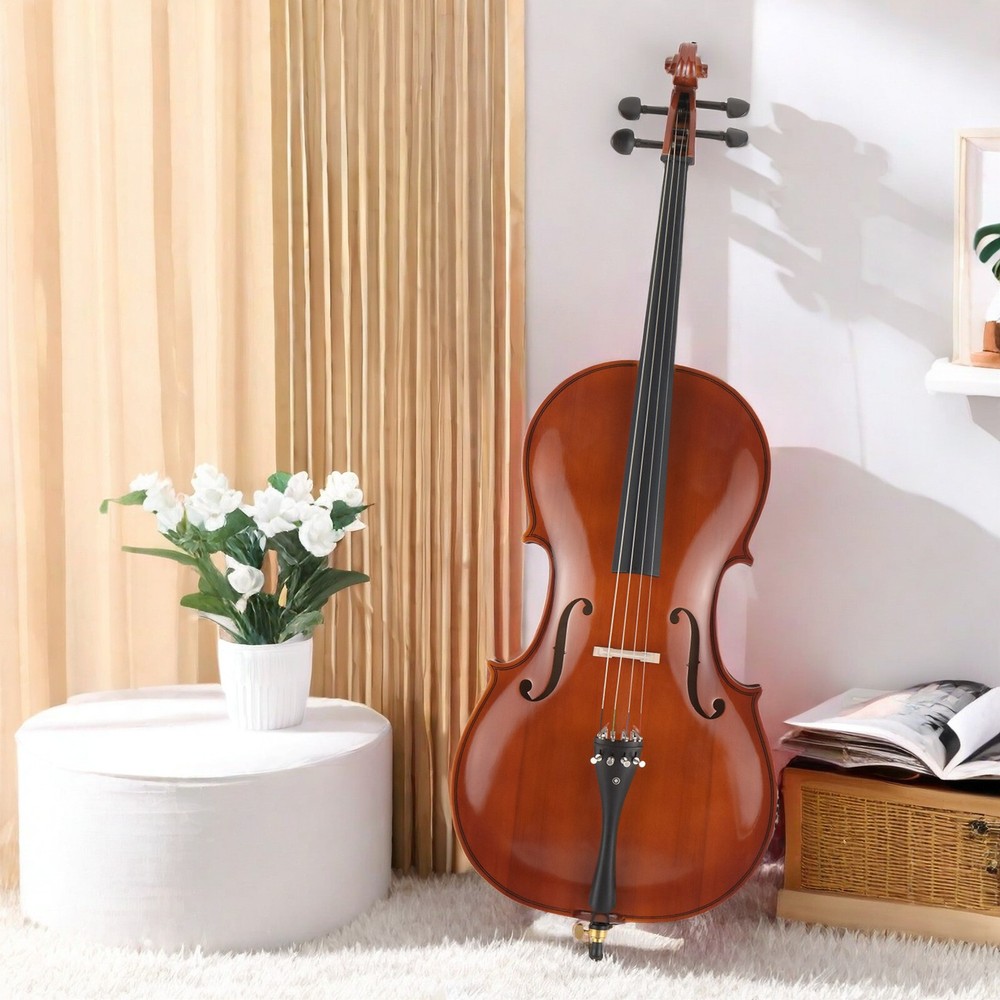 Full Size Natural 4/4 Acoustic Cello Set w/ Spruce Panel & Tiger Pattern Process