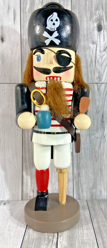 Vintage Pirate Nutcracker Beachcomber Peg Leg Eye Patch Nautical Decor 11" Wood