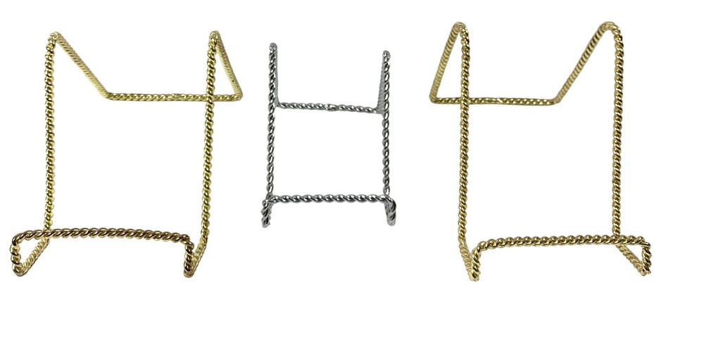 2 Twisted Goldtone & 1 Twisted Silvertone Wire Display Stands Plate Holders