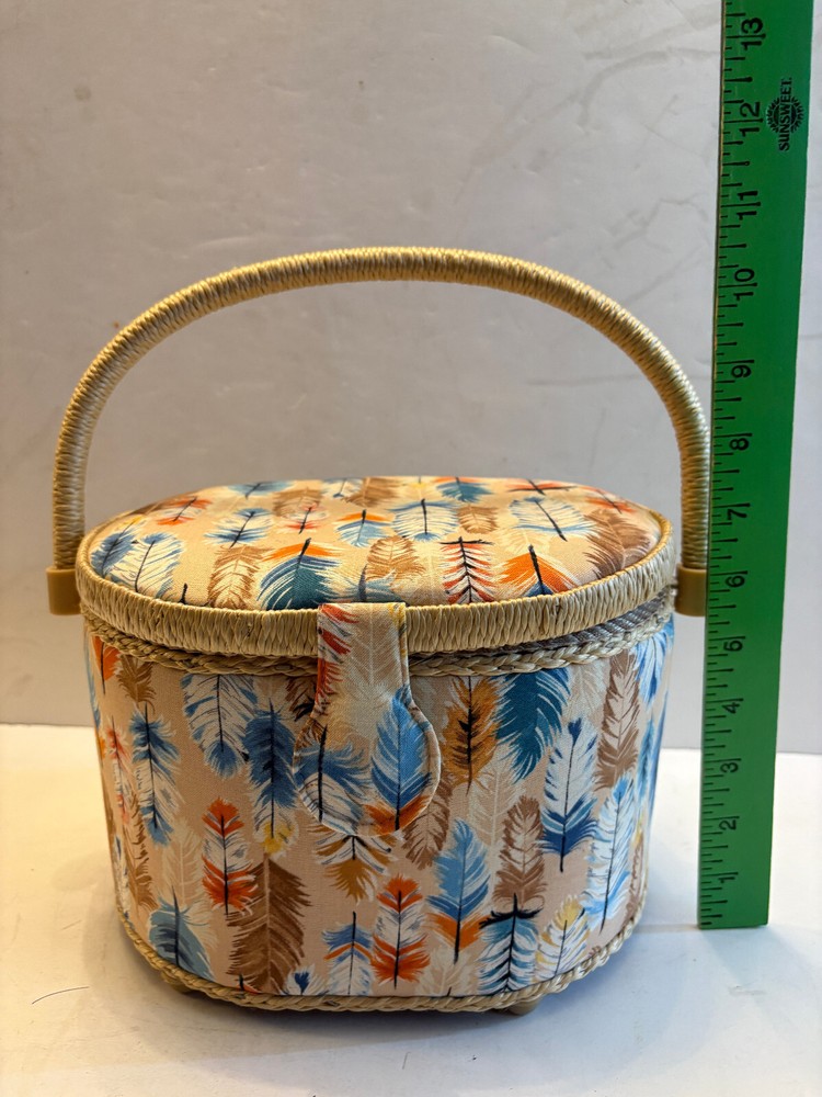 Sewing Basket Caddy Storage, Padded Feather Fabric, Tray Inside