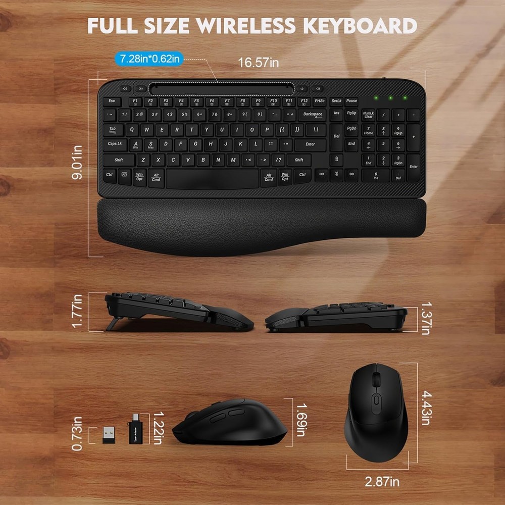 Ergonomic Wireless Keyboard Mouse Combo Wave Keys Wrist Rest USB-C PC Mac
