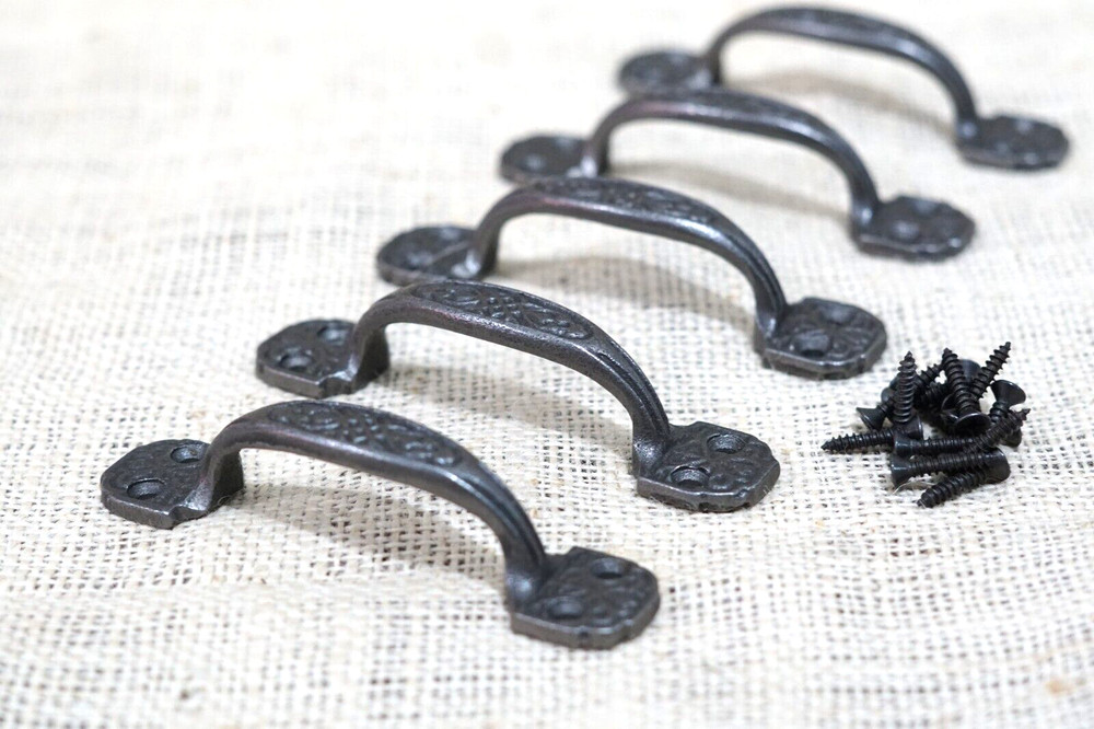 5 Small Drawer Pulls Window Antique Vintage Style Ornate Rustic Cast Iron Bath