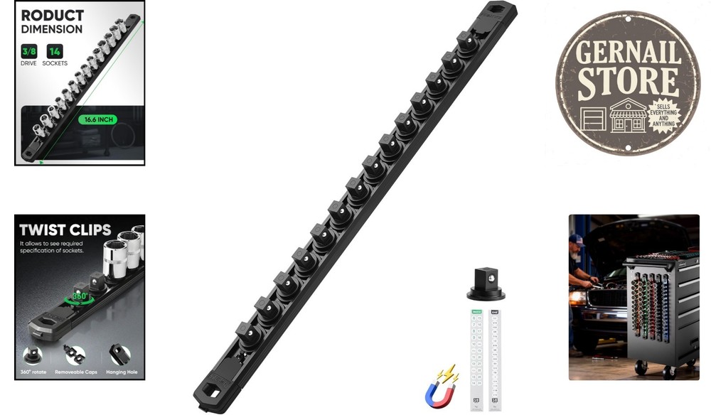 Effortless Tool Access: 14 Clip Magnetic Socket Organizer with 360° Swivel Clips
