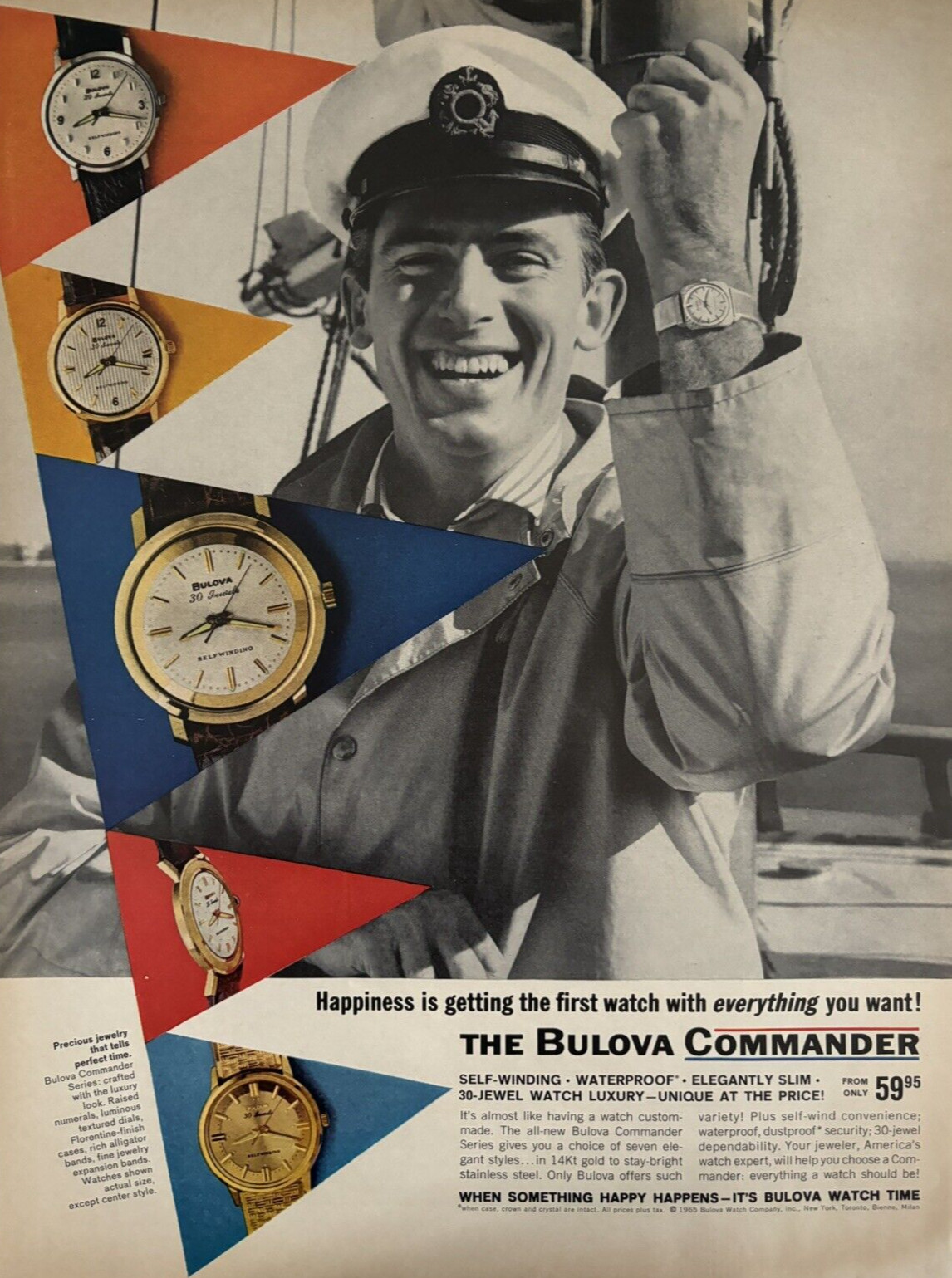 1965 Bulova Watch commander Happy Happens Waterproof Luxury Vintage Print Ad