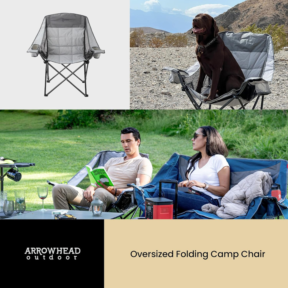Oversized Folding Camp Chair W/Adjustable Double Sized Cup Holder, Mesh Sides, I