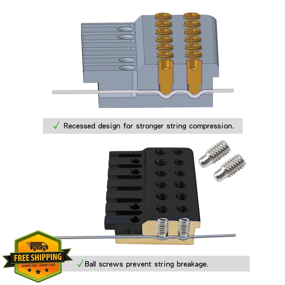 OVSAL 7 String Locking Nut Brass, Matte Black Headless Guitar Bridge