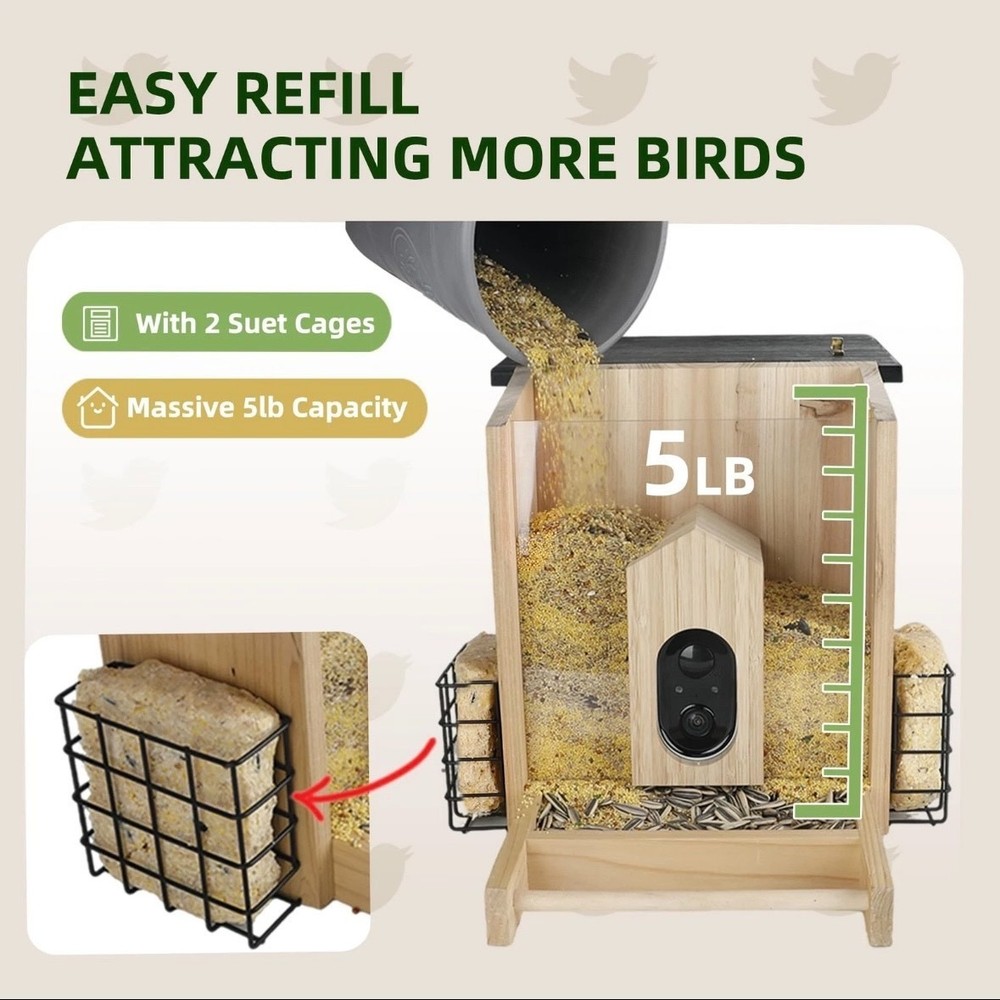 Solution4Patio Smart Bird Feeder with Camera Wood Solar Powered
