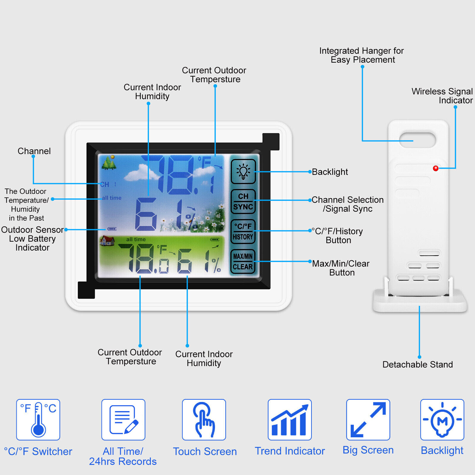 Digital LCD Display Thermometer Wireless Indoor & Outdoor Weather Station 24HRs