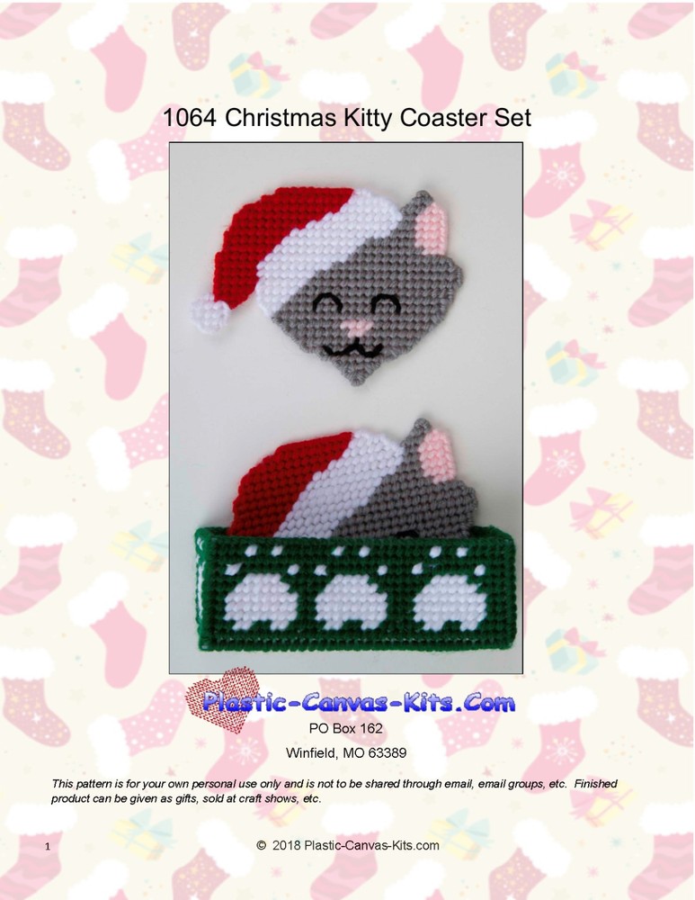 Christmas Kitty Cat Coaster Set-Christmas-Plastic Canvas Pattern or Kit