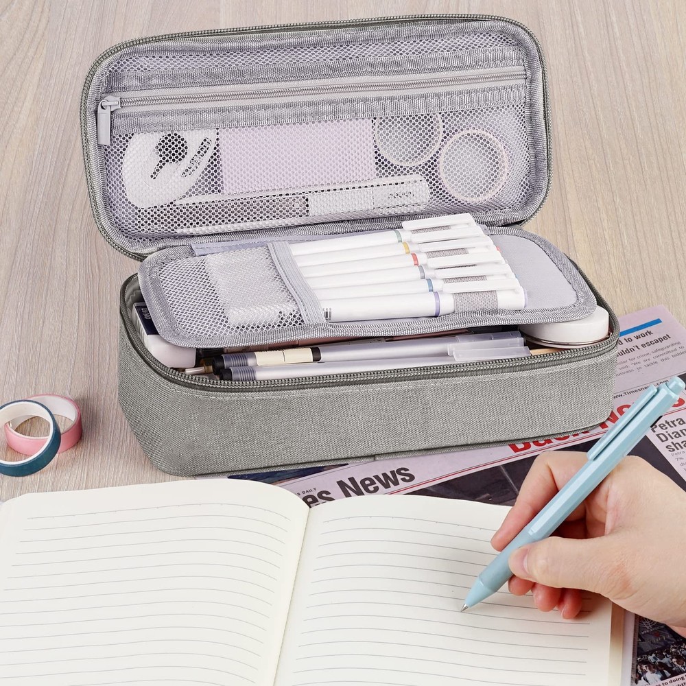 WEMATE Large Pencil Case, Pouch with Zipper Compartments, Light Grey