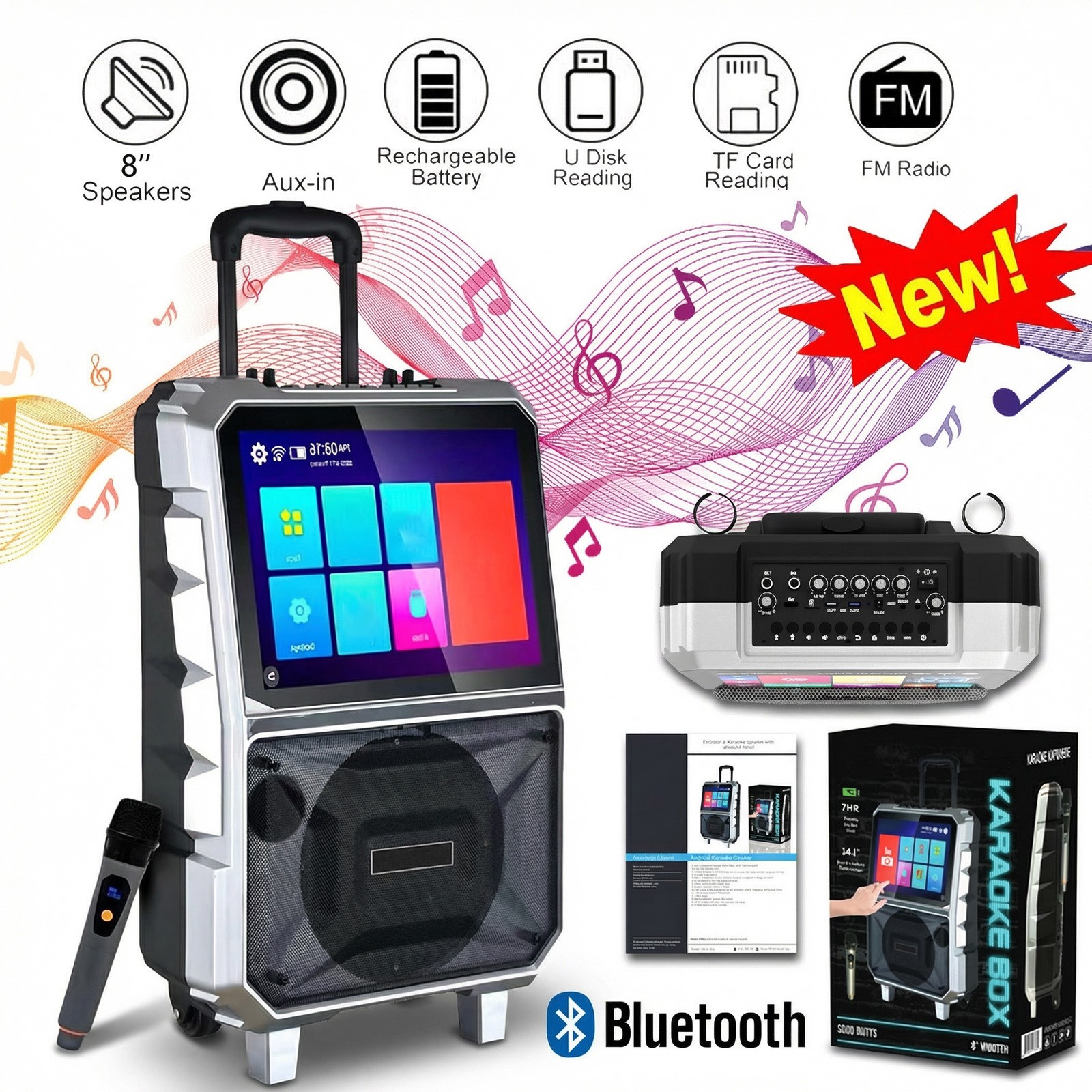 Professional Karaoke Machine Bluetooth Speaker Lyrics Display Screen w/ Mic DJ
