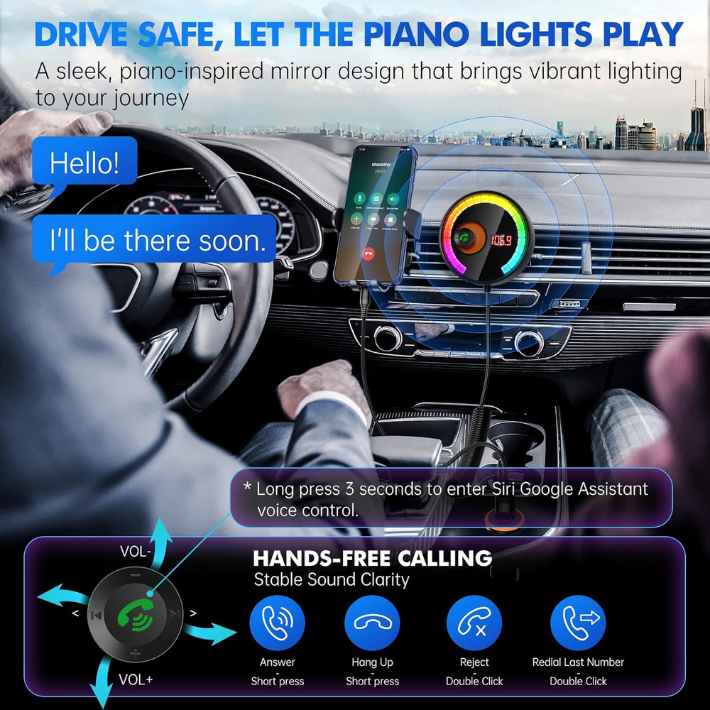 Bluetooth Car FM Transmitter QC3.0 Fast Charge LED HiFi Bass USB TF Handsfree