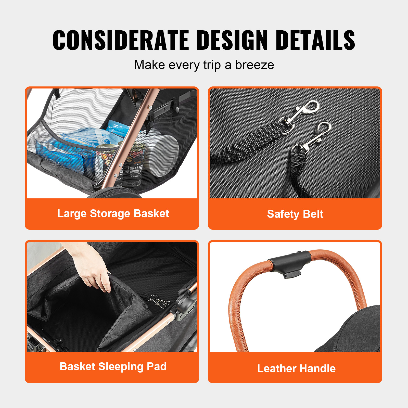 VEVOR Pet Stroller 4 Wheels Dog Stroller with Brakes 66 lbs Weight Capacity