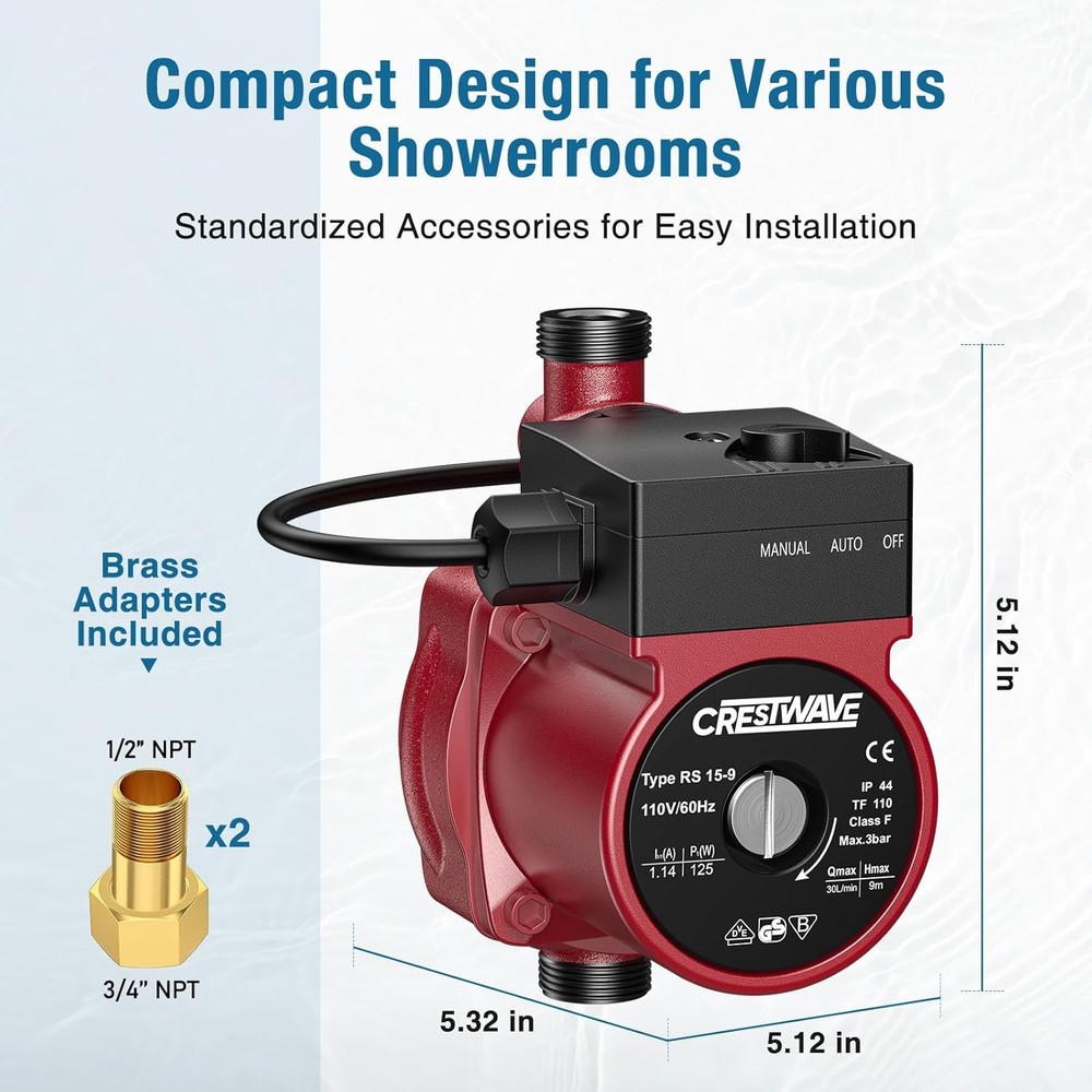 CrestWave Hot Water Recirculating Pump, 125W 115V Automatic Circulation Pump for