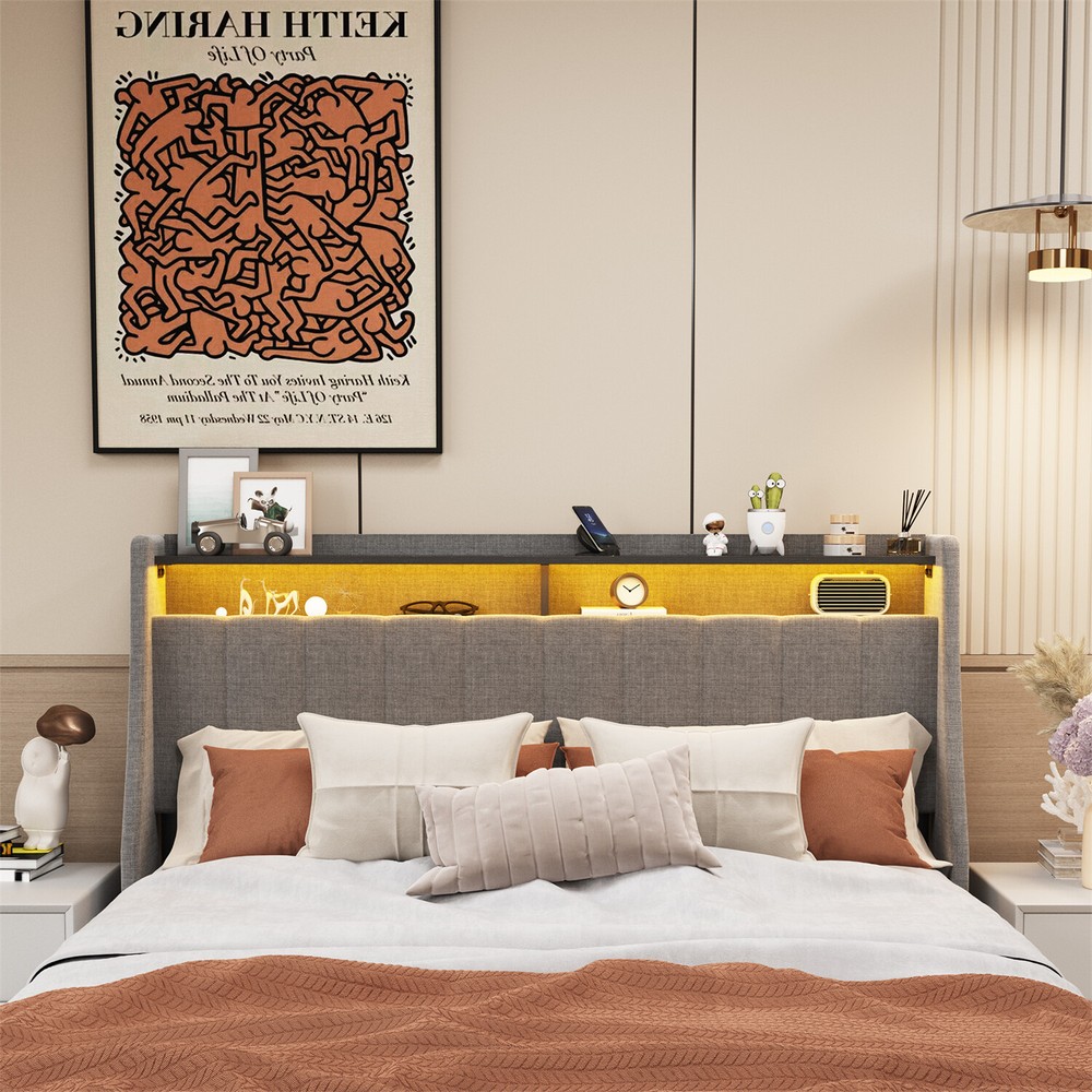 Queen Size Bed Frame Upholstered Platform Bed w/ LED Light Headboard & 4 Drawer