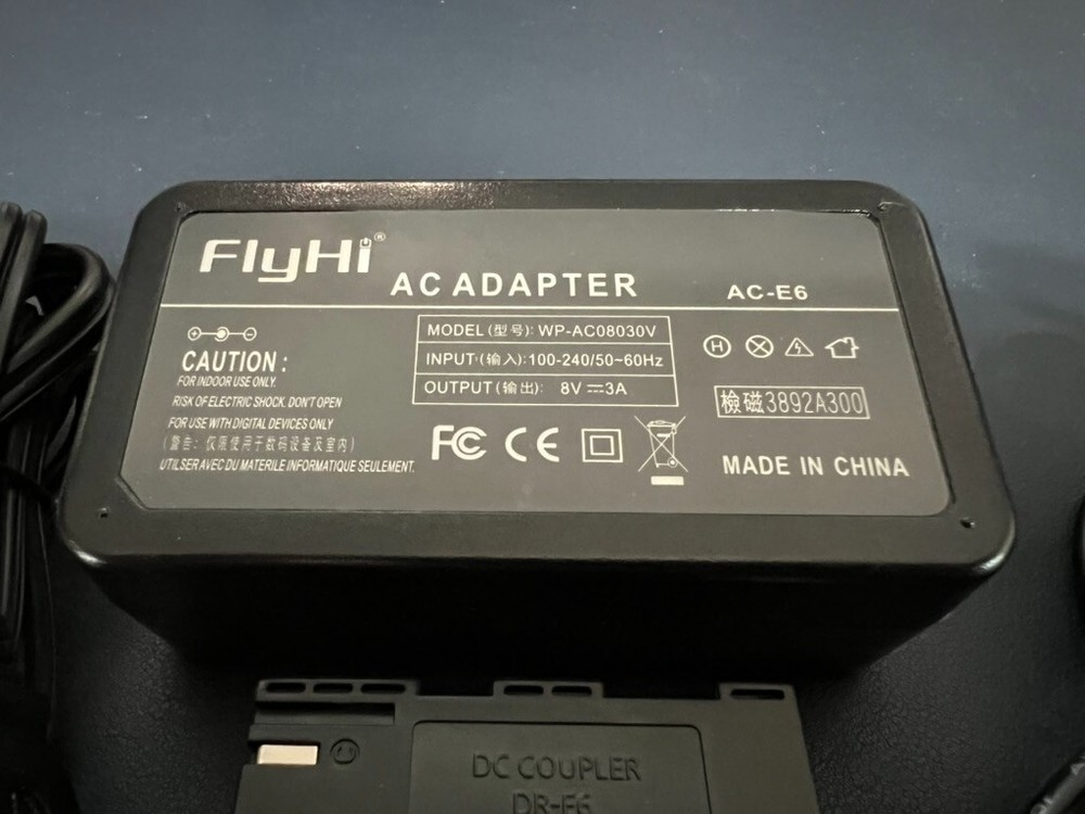 FlyHi Dummy Battery AC-E6 Power Adapter; Canon EOS