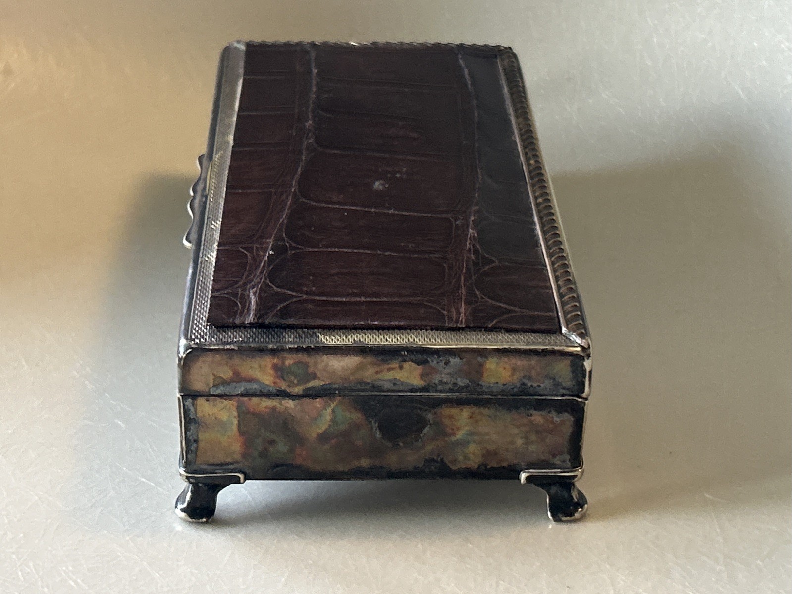 Aristocrat Silver Plate w/ Crocodile/ Alligator Top Cigarette Box Wood Lining