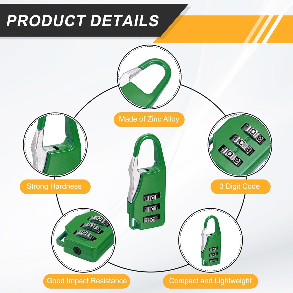 5Pcs Resettable 3 Digit Combination Lock Code Padlock, Green (55 x 21mm)