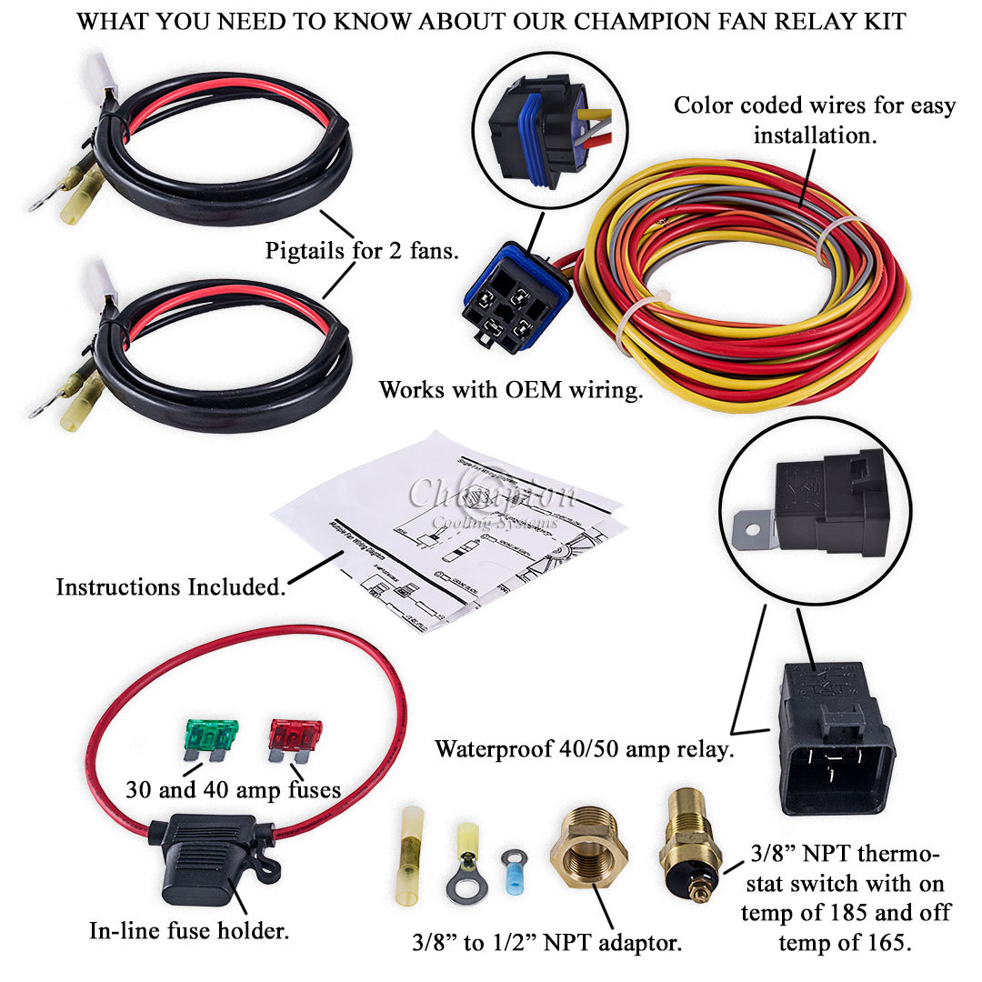 Champion Cooling 180 Degree 40amp Electric Fan Relay Kit, Single or Dual Fans DR