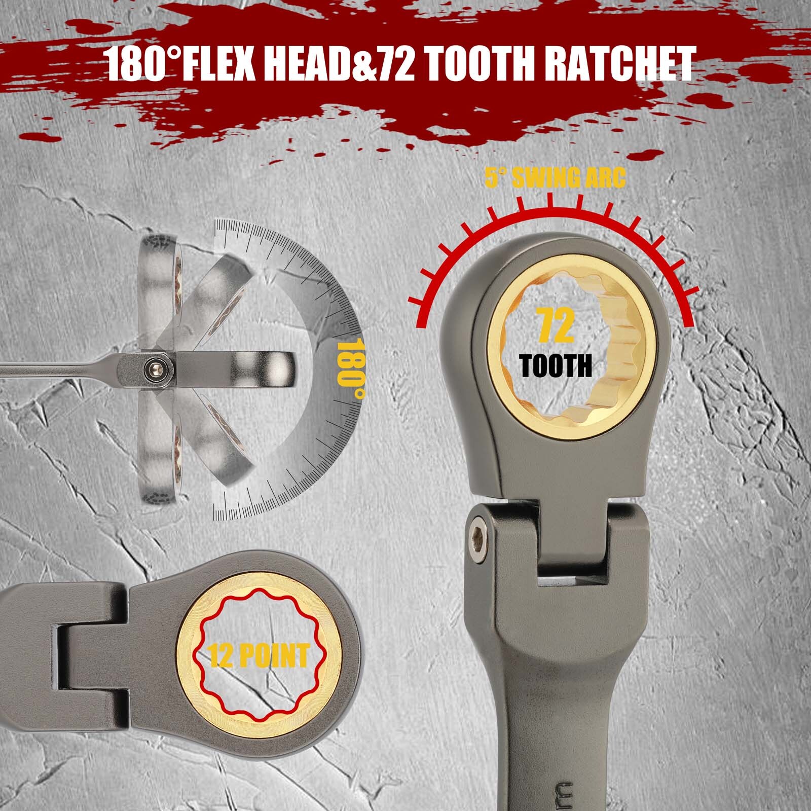 12PCS Metric Flex Head Ratcheting Wrench Set 8-19mm 72-Tooth Ratchet Combination