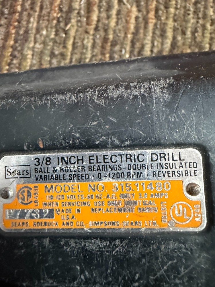 Vintage Sears Craftsman 3/8” Heavy-Duty Variable-Speed Drill with Reverse