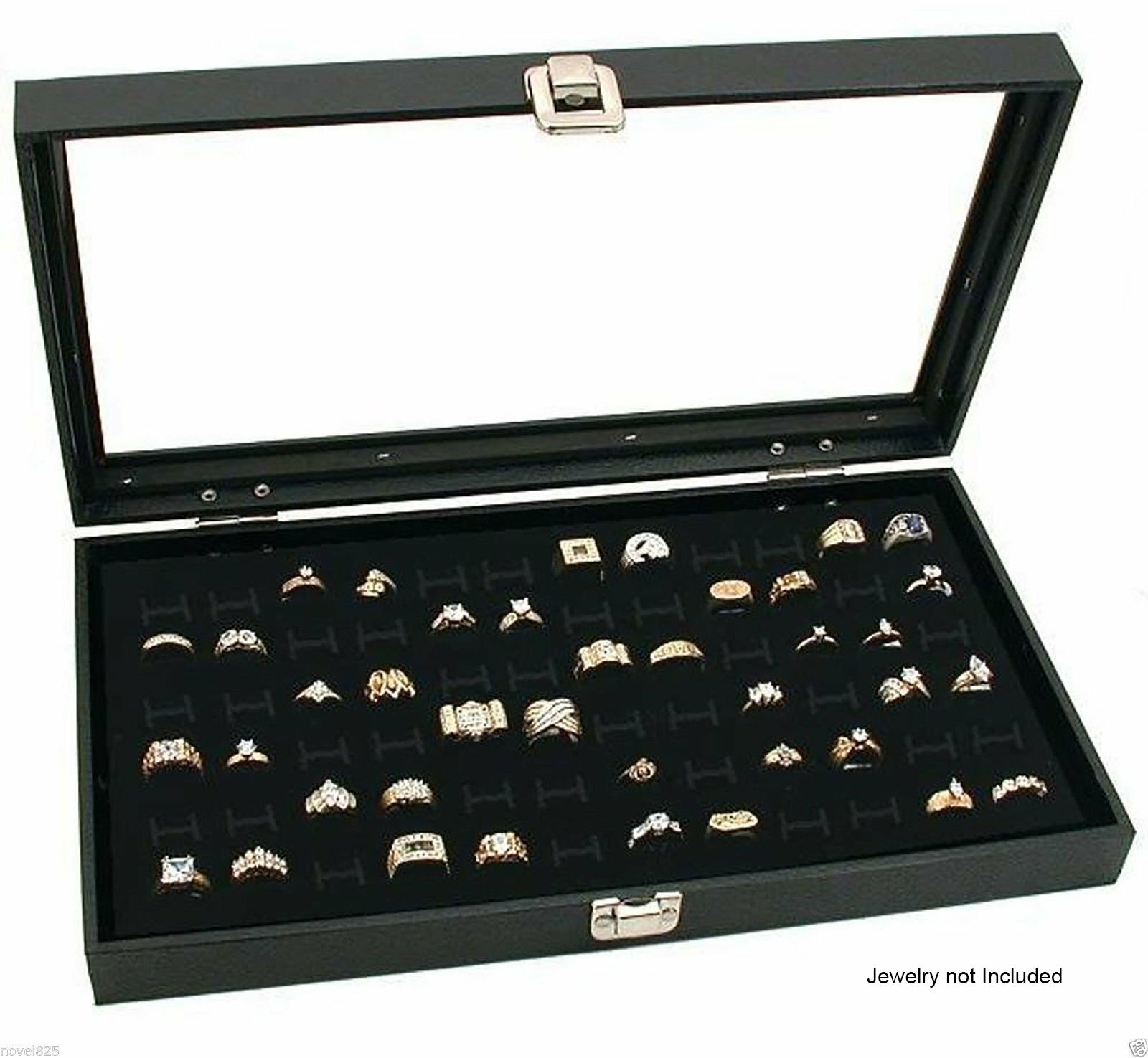 Glass Top Lid 72 Ring Black Showcase Jewelry Display Storage Organizer Box Case