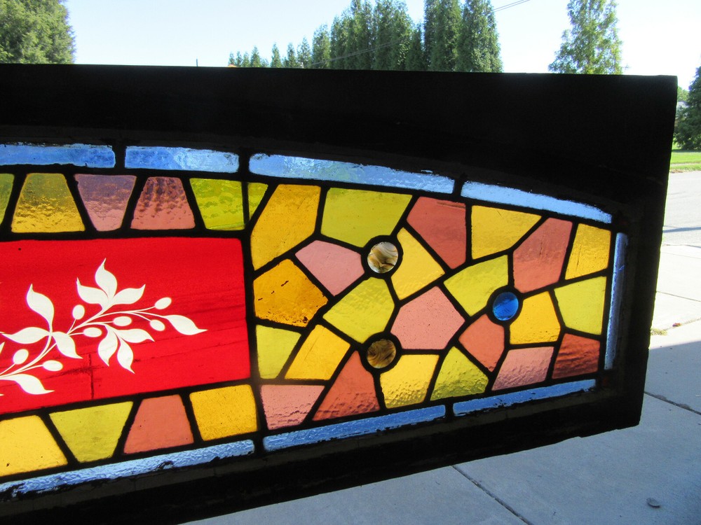 ~ ANTIQUE STAINED GLASS TRANSOM WINDOW RUBY FLASH BIRD ~ 67 X 19 ~ SALVAGE