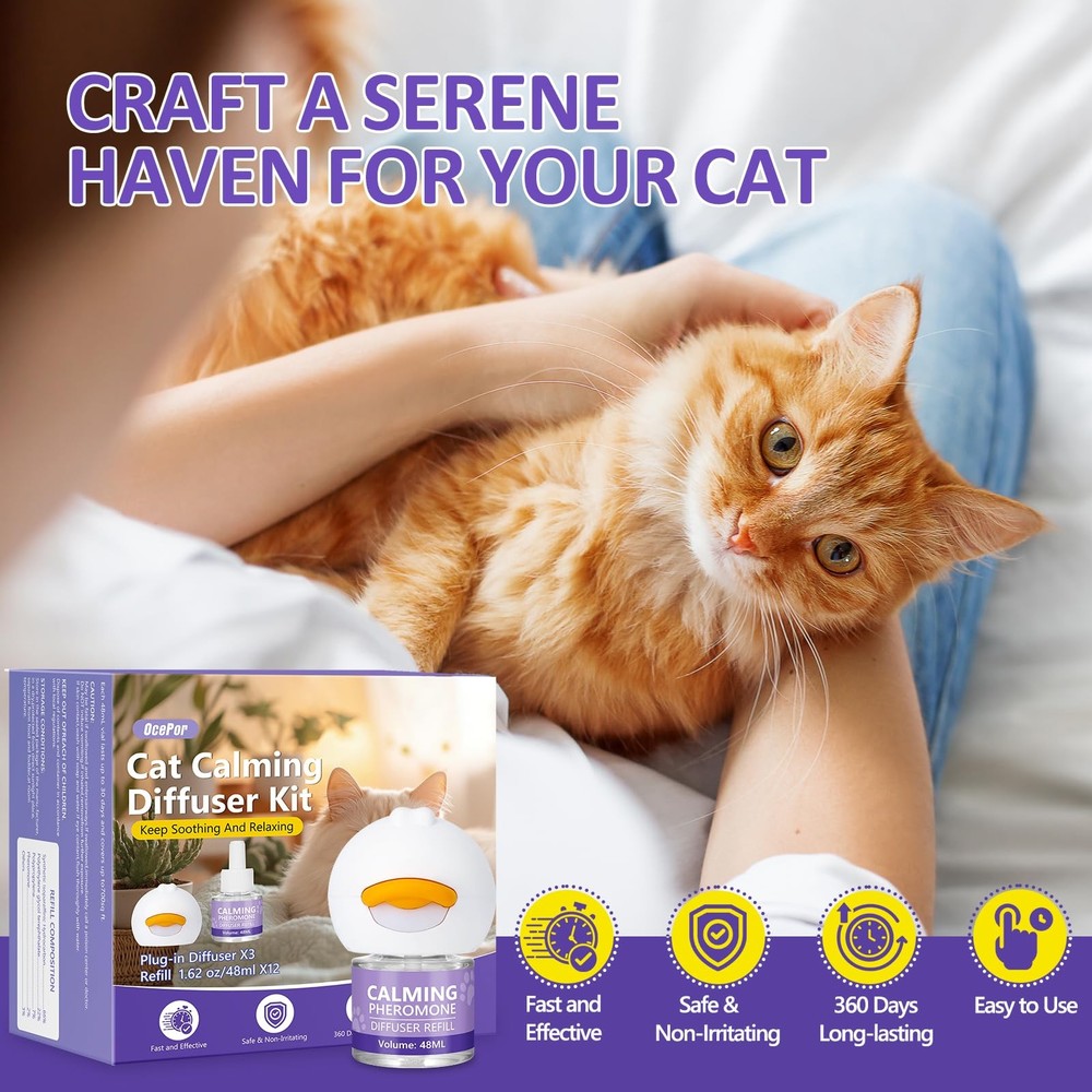 Cat Calming Diffuser 12 Refill Solutions, 3 Plugs- Cat Pheromones Calming Dif...