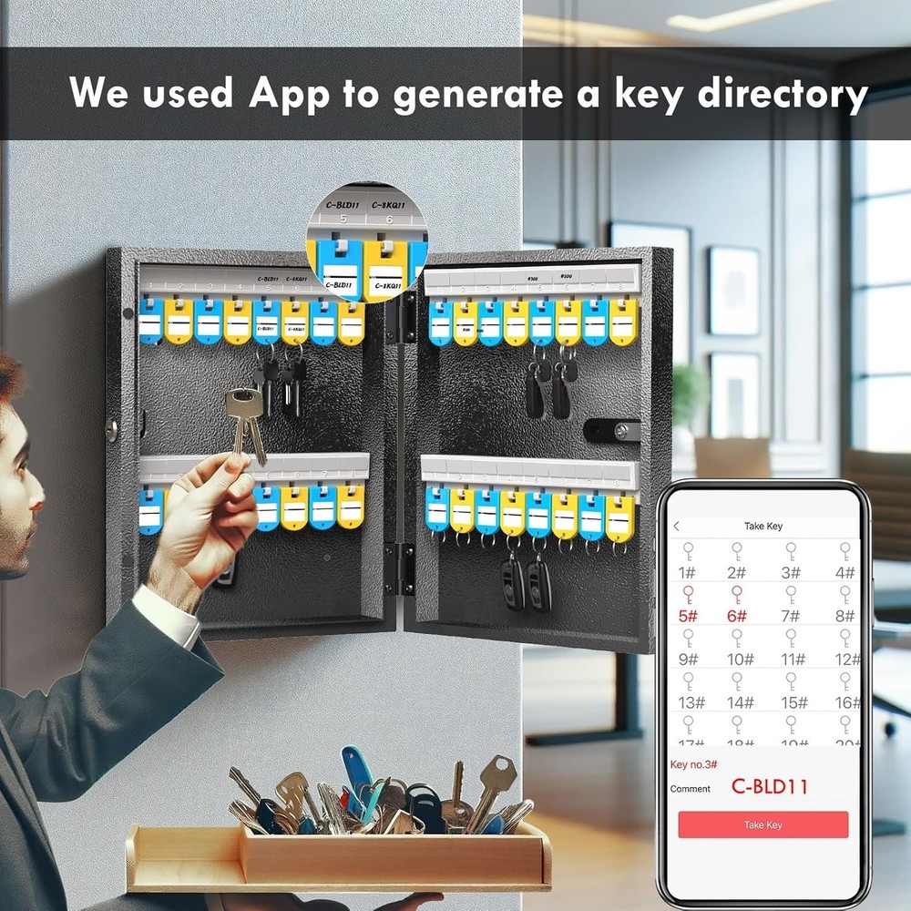 Key Lock Box with Dual Lock 32 Key Cabinet Wall Mount Lockable Secure Storage