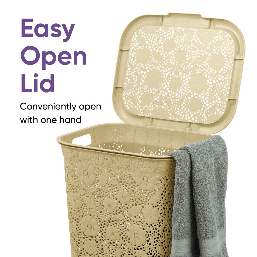 Plastic Laundry Hamper with Lid, Lace Style - Beige, 50 Liter (2 Pack)