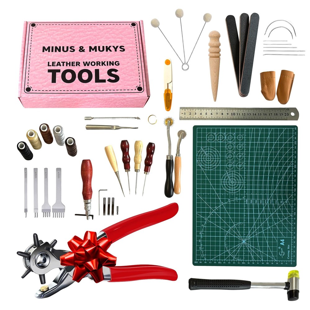 Minus & MUKIS Leather Working Tools Kit - 46-Pc Set with Leather Hole Punch, ...
