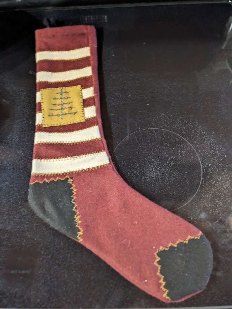 Primitive Handmade Stocking Features Primitive Stitches and Embroidery Tree 18"