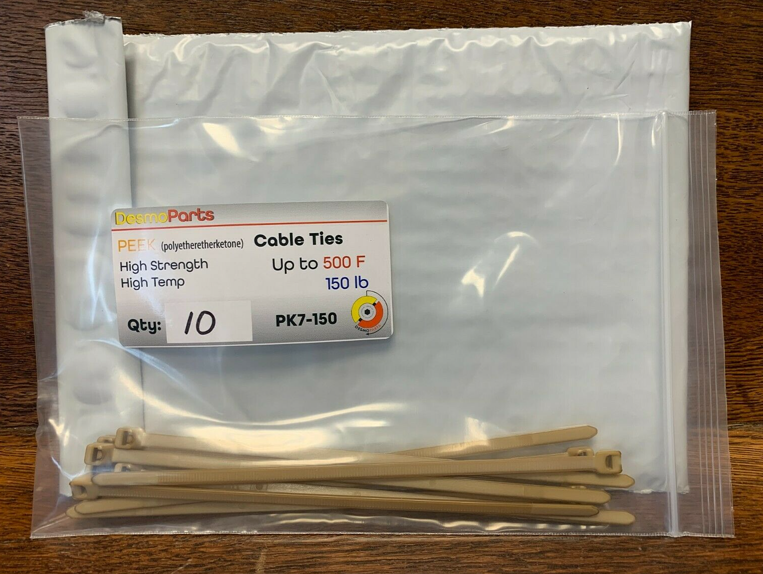 PEEK Cable Ties, High Heat 500F, 150lb, 7.4", Polyetheretherketone, Zip Tie, ea.