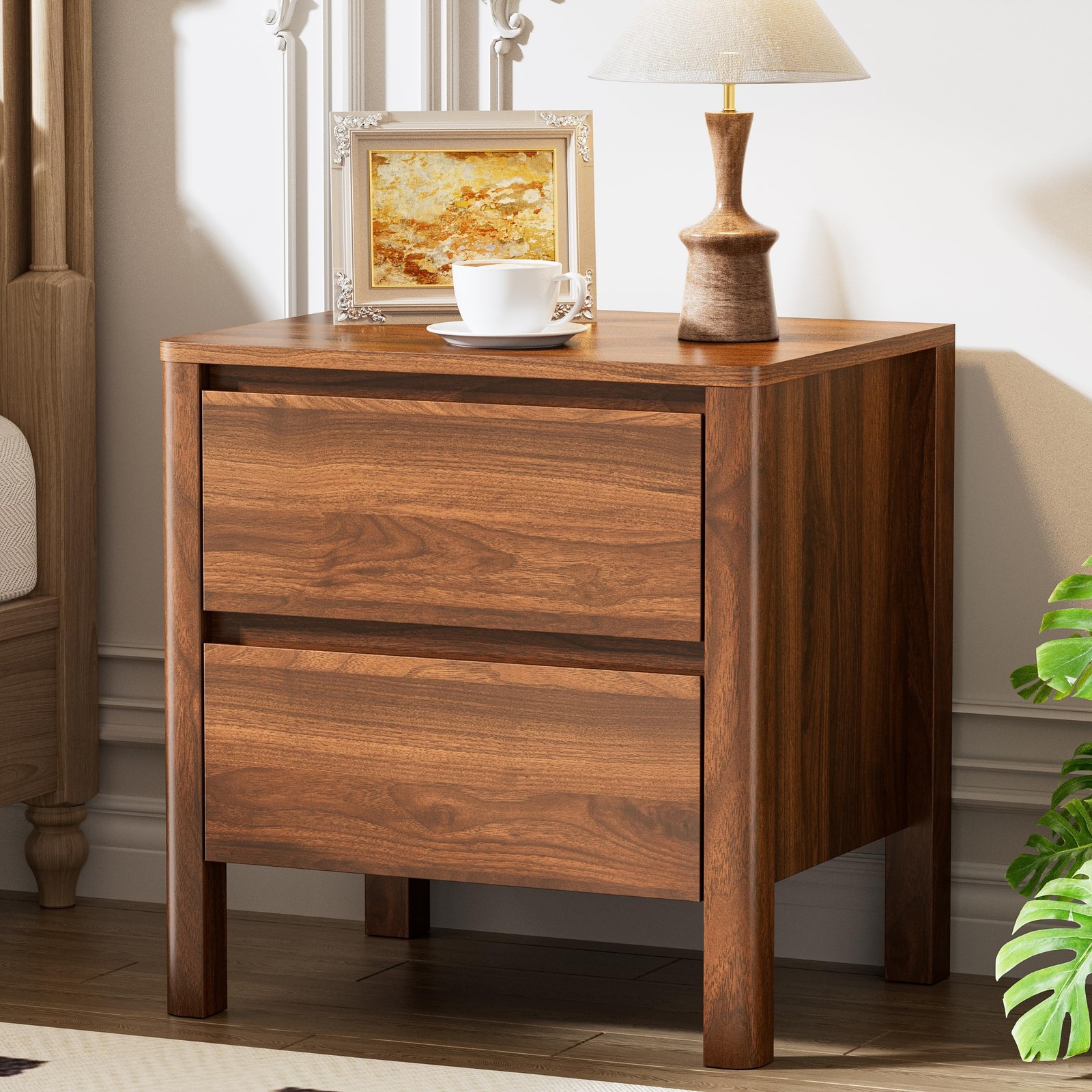 Mid Century Walnut Nightstand with 2 Drawers Modern Wooden Bedside Table