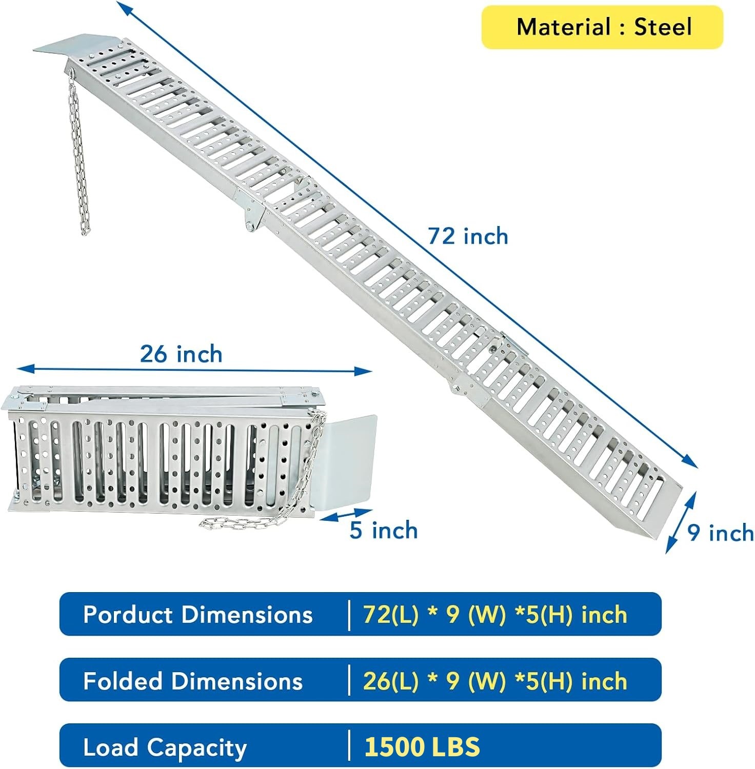 1500 lbs Capacity Loading Ramps Tri-fold Truck Bed Ramp for Pickup Trucks ATV