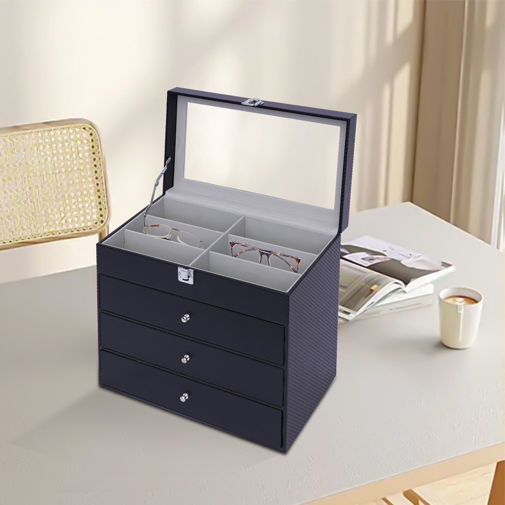 Glasses display box, 24 compartments, with clear skylight, black
