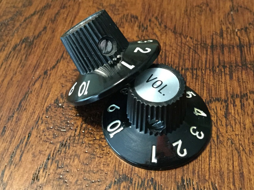 (2) Black Witch Hat Guitar Knobs / Bakelite / Set Screw / .25" Pots / Vol Tone